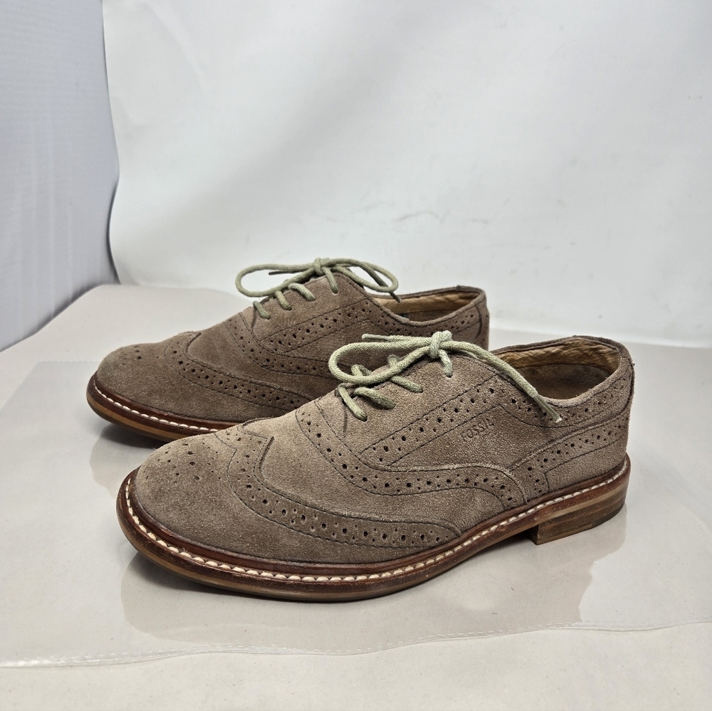 Fossil Womens Sz 7 Tan Suede Lace Up Brouges School Office Work Wear Casual - Picture 2 of 11